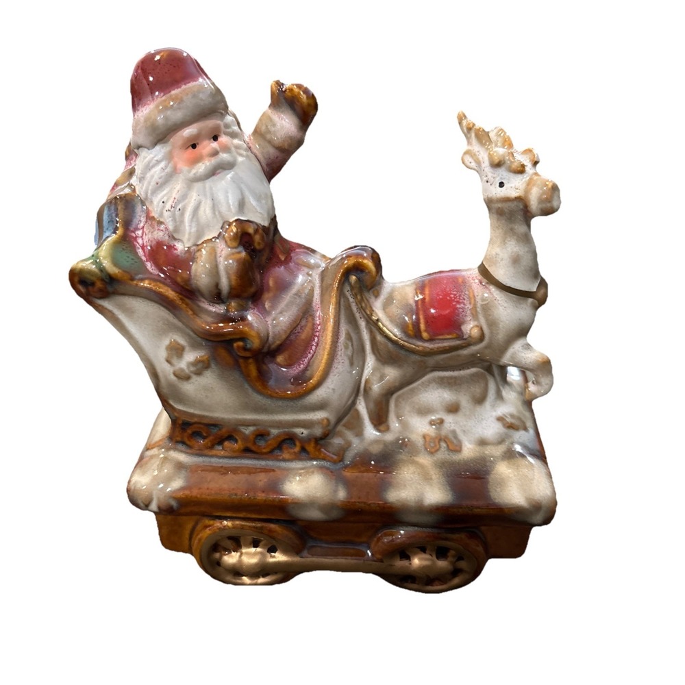 Beautifully Painted Ceramic Santa Claus with Reindeer on a Train Car